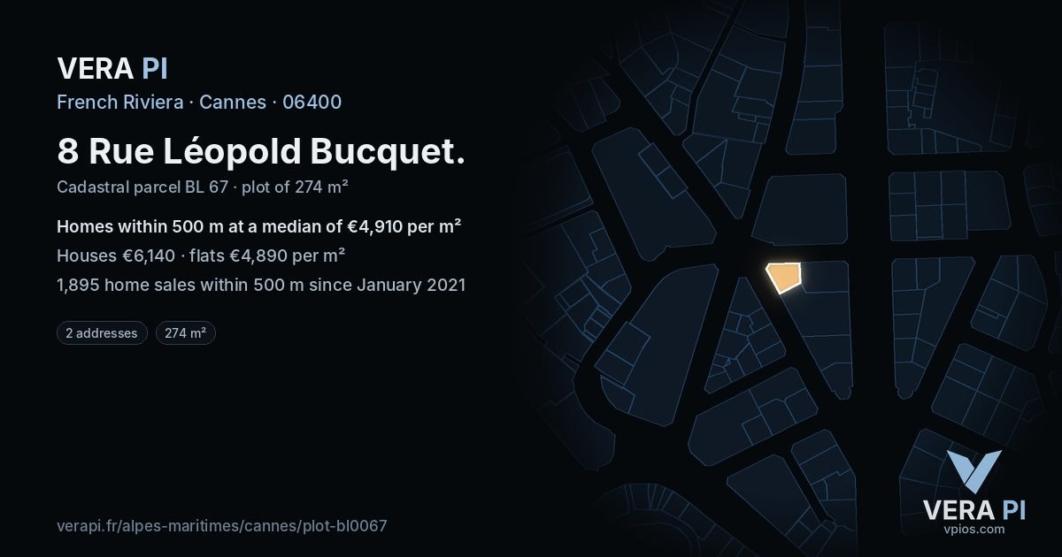 8 Rue Léopold Bucquet, Cannes at night – the plot lit, the parcels around coloured by the prices near them