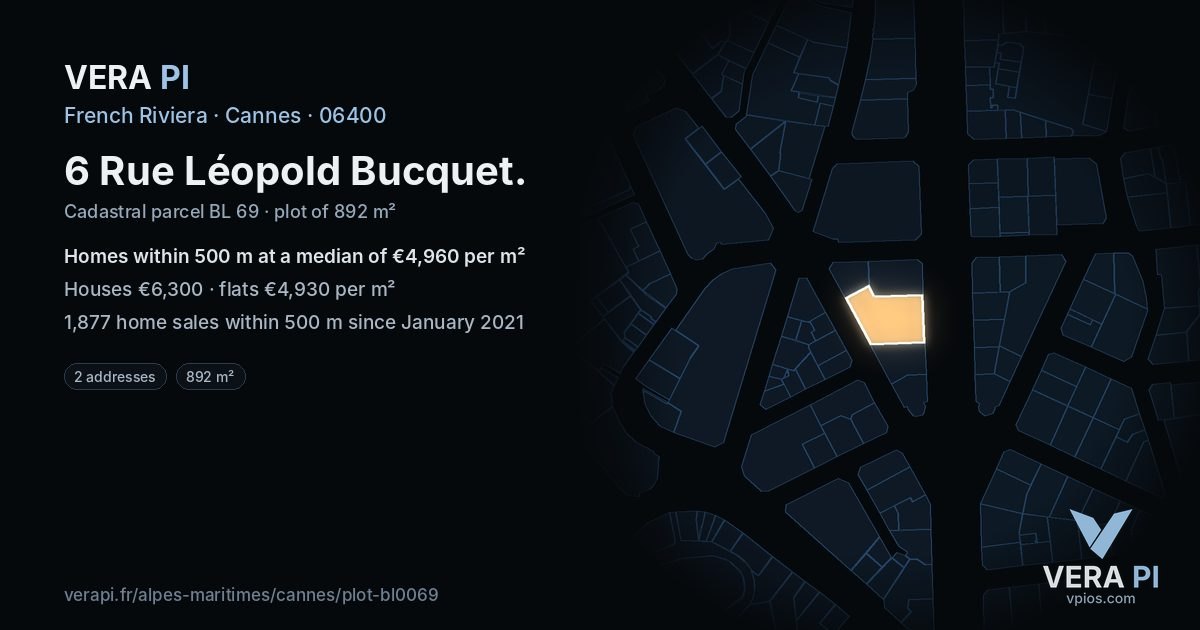 6 Rue Léopold Bucquet, Cannes at night – the plot lit, the parcels around coloured by the prices near them