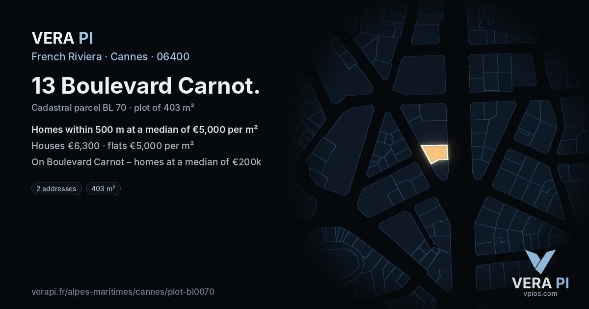 13 Boulevard Carnot, Cannes at night – the plot lit, the parcels around coloured by the prices near them
