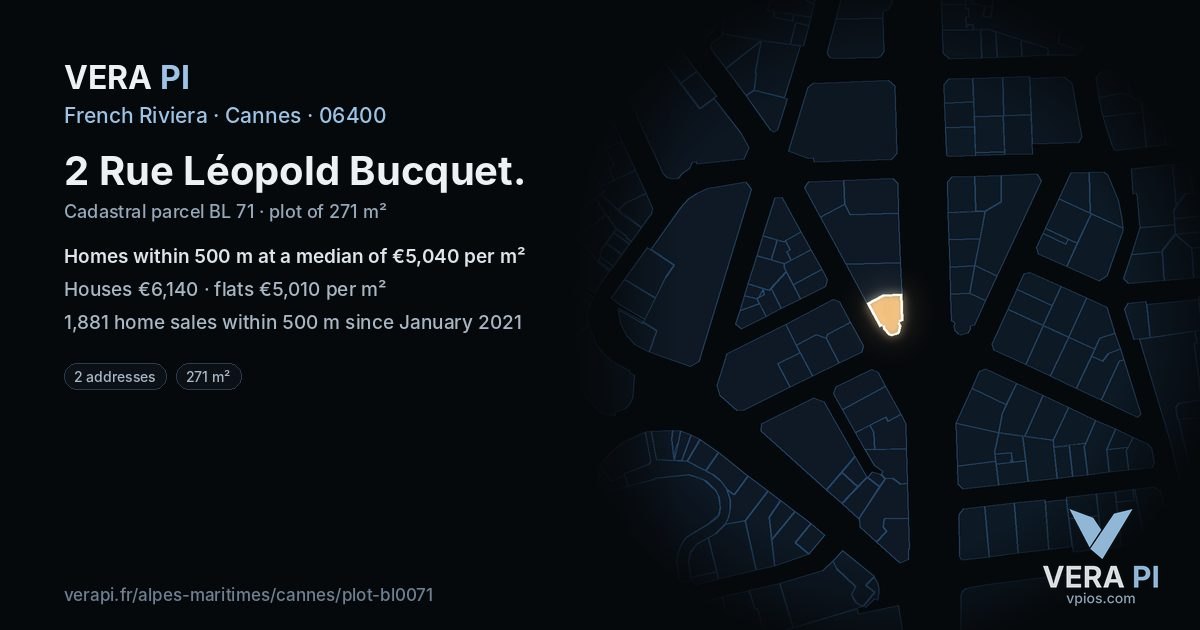 2 Rue Léopold Bucquet, Cannes at night – the plot lit, the parcels around coloured by the prices near them