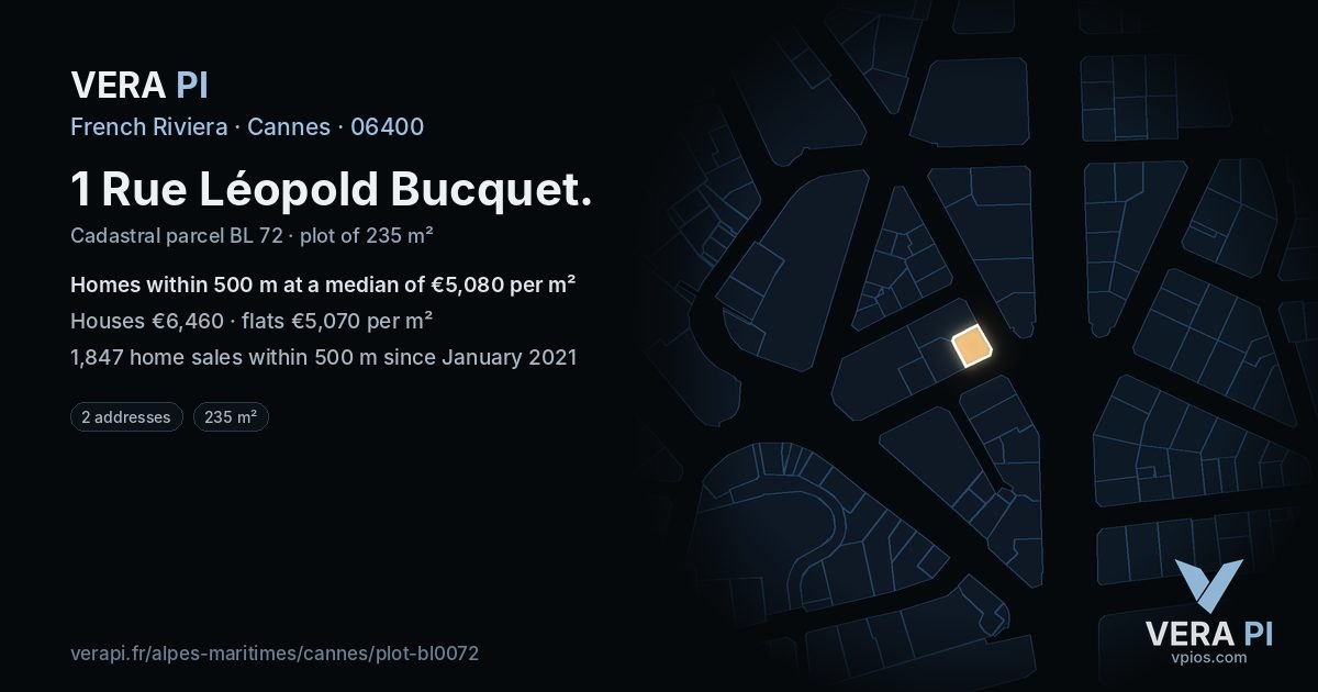 1 Rue Léopold Bucquet, Cannes at night – the plot lit, the parcels around coloured by the prices near them