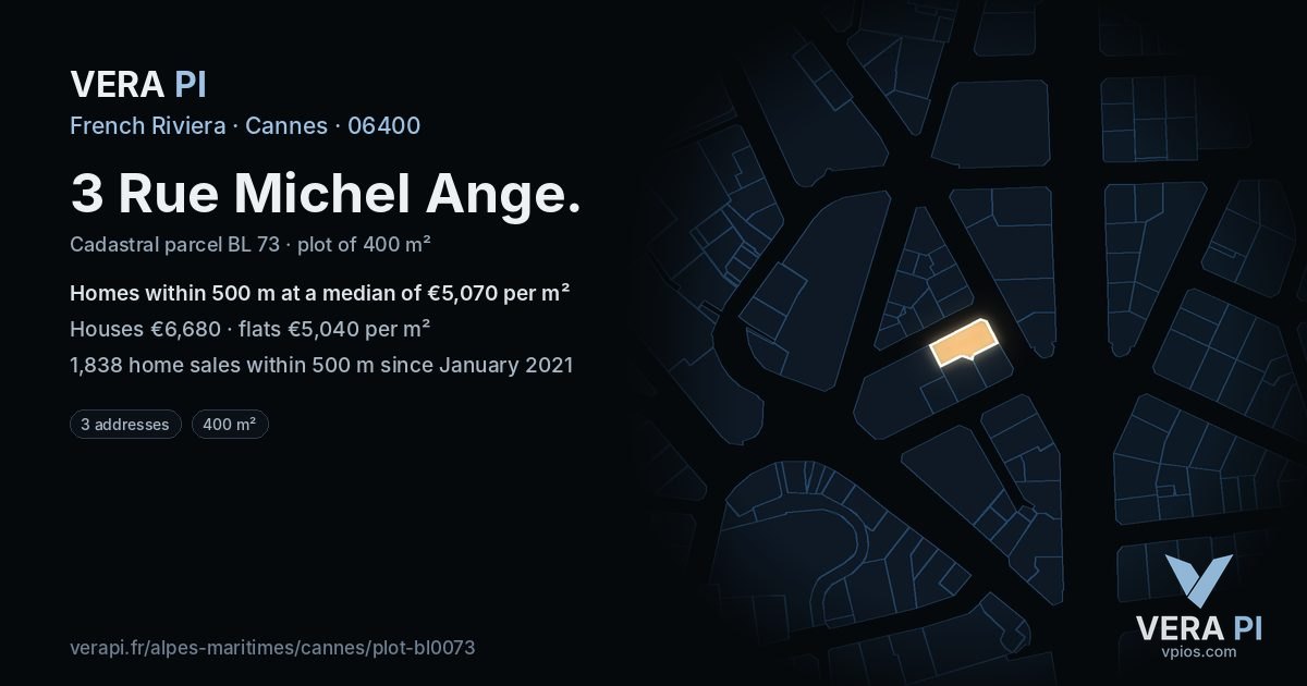 3 Rue Michel Ange, Cannes at night – the plot lit, the parcels around coloured by the prices near them