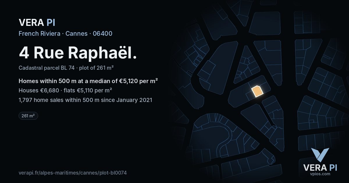 4 Rue Raphaël, Cannes at night – the plot lit, the parcels around coloured by the prices near them