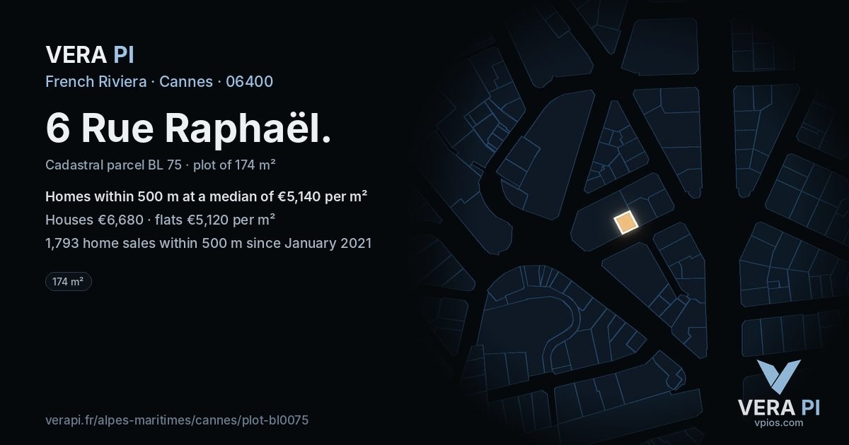 6 Rue Raphaël, Cannes at night – the plot lit, the parcels around coloured by the prices near them