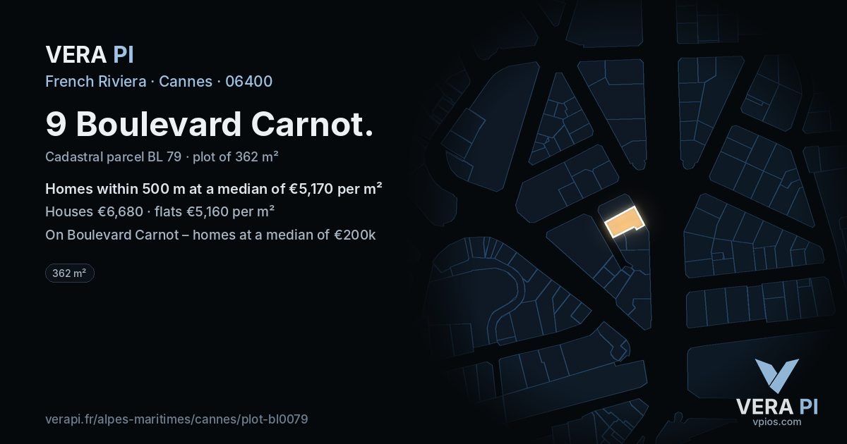 9 Boulevard Carnot, Cannes at night – the plot lit, the parcels around coloured by the prices near them