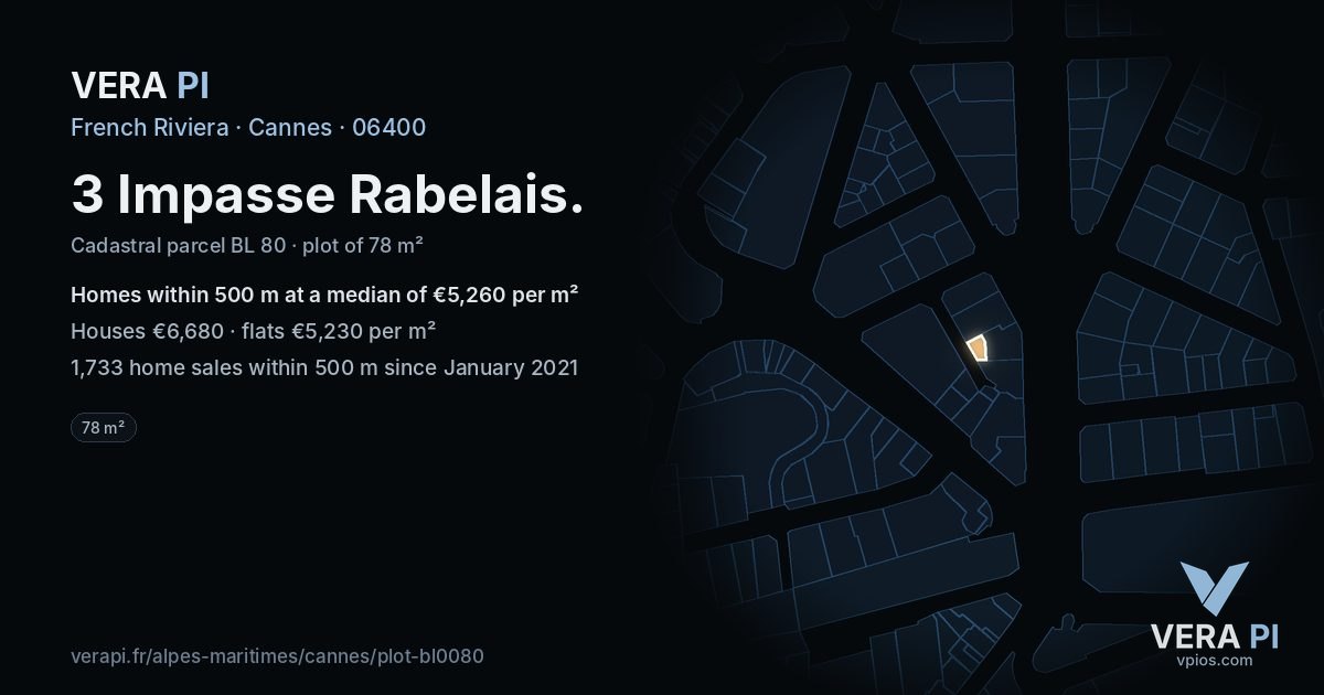 3 Impasse Rabelais, Cannes at night – the plot lit, the parcels around coloured by the prices near them