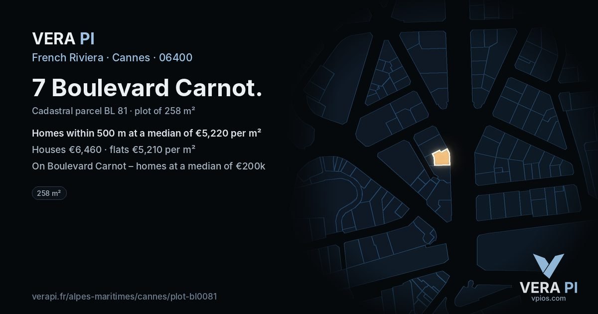 7 Boulevard Carnot, Cannes at night – the plot lit, the parcels around coloured by the prices near them