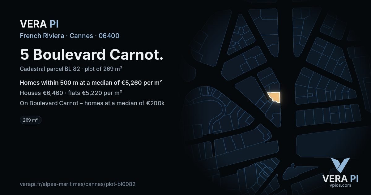 5 Boulevard Carnot, Cannes at night – the plot lit, the parcels around coloured by the prices near them