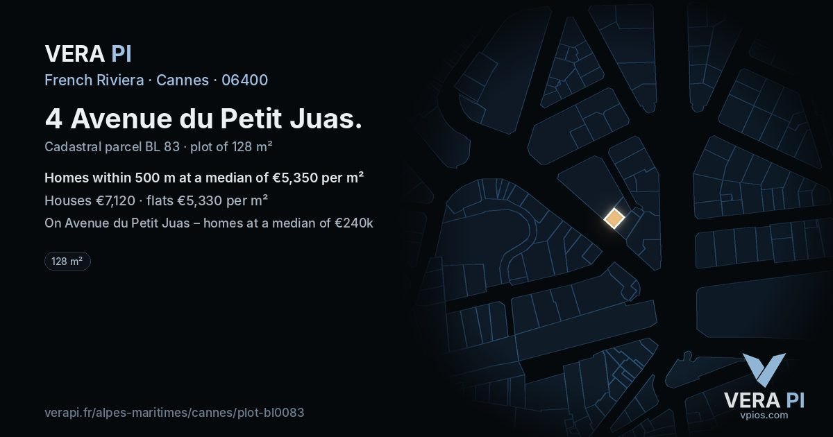 4 Avenue du Petit Juas, Cannes at night – the plot lit, the parcels around coloured by the prices near them