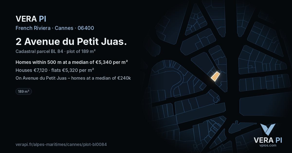 2 Avenue du Petit Juas, Cannes at night – the plot lit, the parcels around coloured by the prices near them
