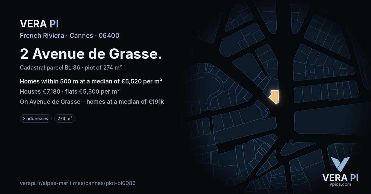 2 Avenue de Grasse, Cannes at night – the plot lit, the parcels around coloured by the prices near them