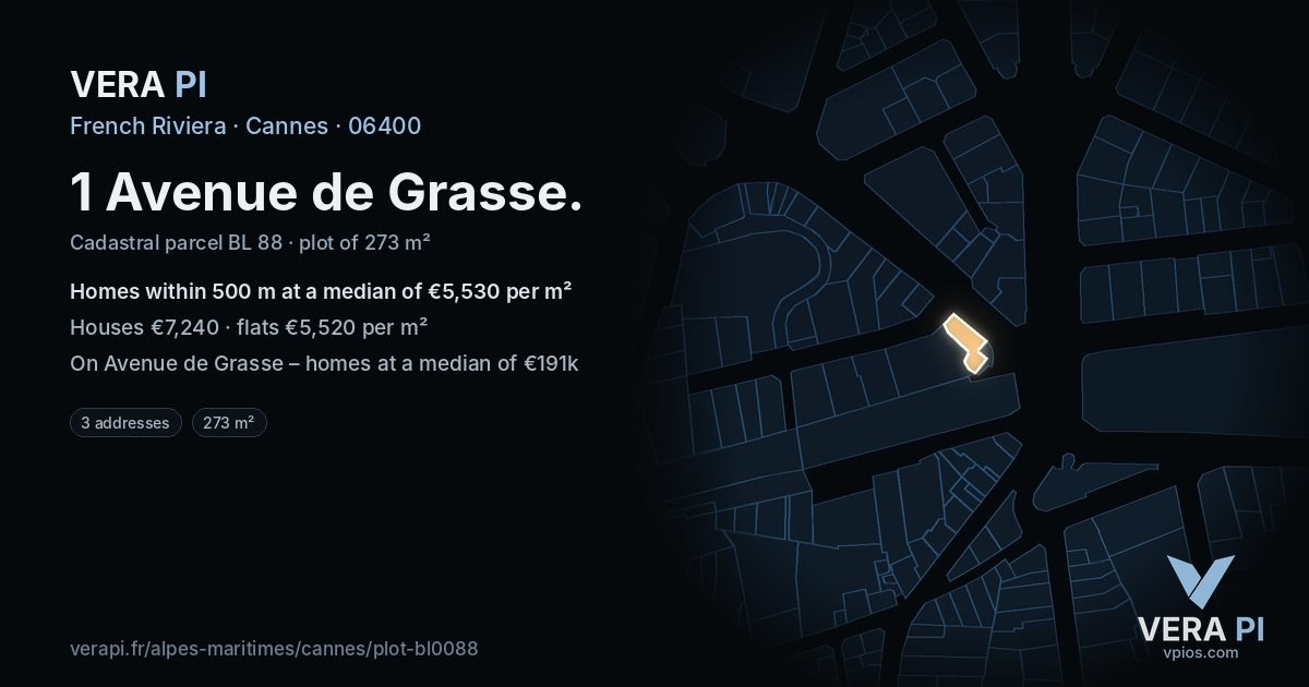 1 Avenue de Grasse, Cannes at night – the plot lit, the parcels around coloured by the prices near them