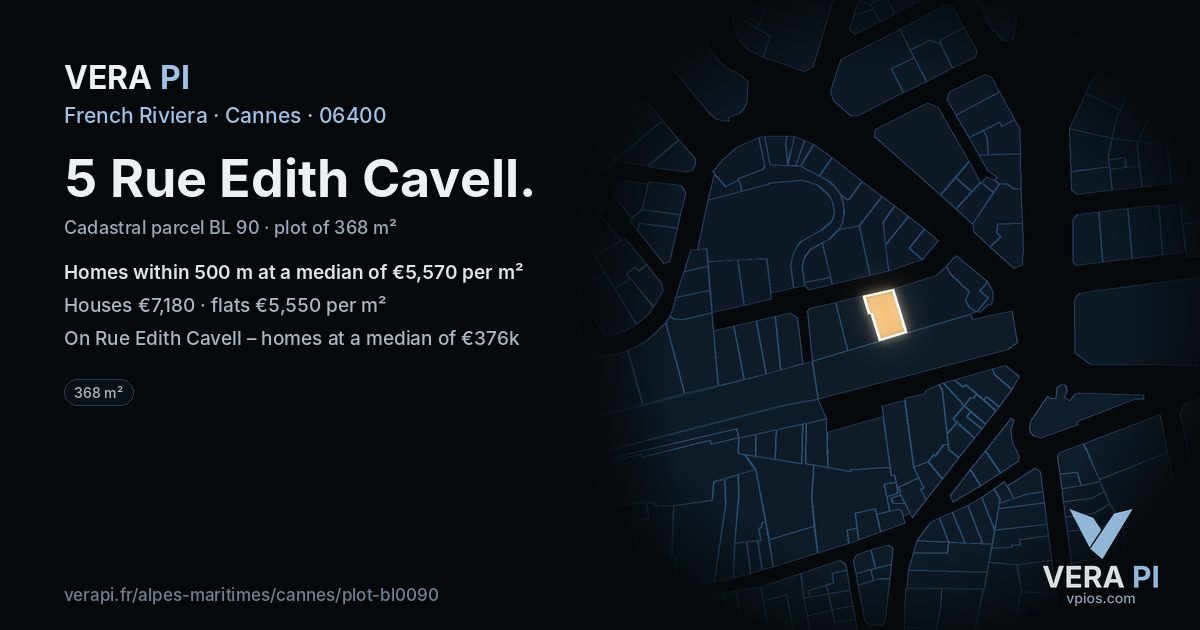 5 Rue Edith Cavell, Cannes at night – the plot lit, the parcels around coloured by the prices near them