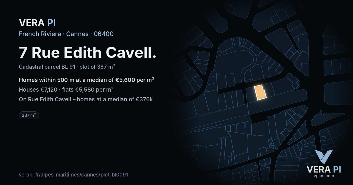 7 Rue Edith Cavell, Cannes at night – the plot lit, the parcels around coloured by the prices near them