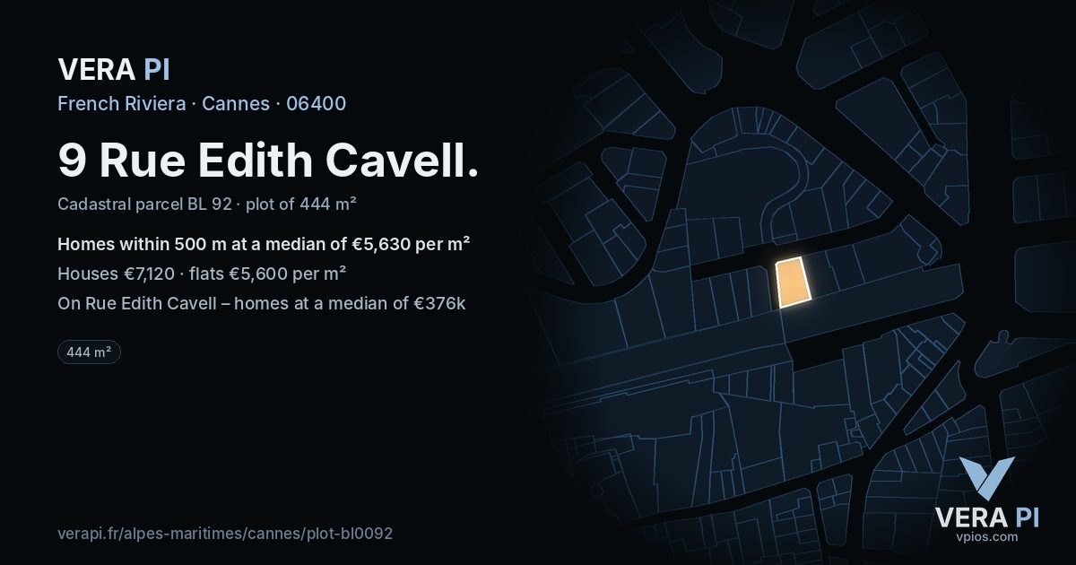 9 Rue Edith Cavell, Cannes at night – the plot lit, the parcels around coloured by the prices near them
