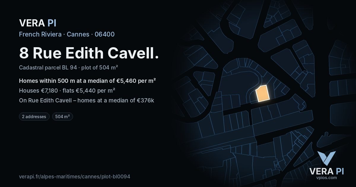 8 Rue Edith Cavell, Cannes at night – the plot lit, the parcels around coloured by the prices near them