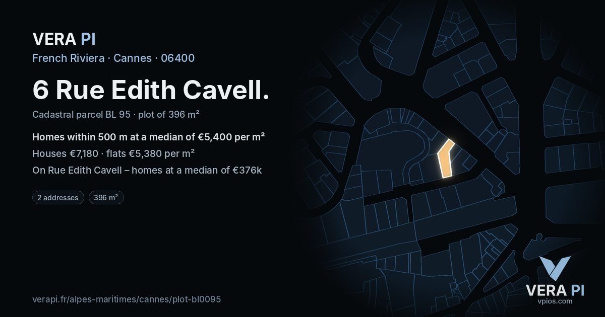 6 Rue Edith Cavell, Cannes at night – the plot lit, the parcels around coloured by the prices near them