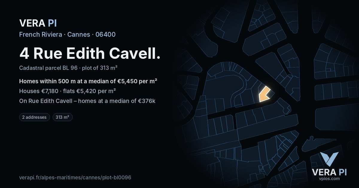 4 Rue Edith Cavell, Cannes at night – the plot lit, the parcels around coloured by the prices near them