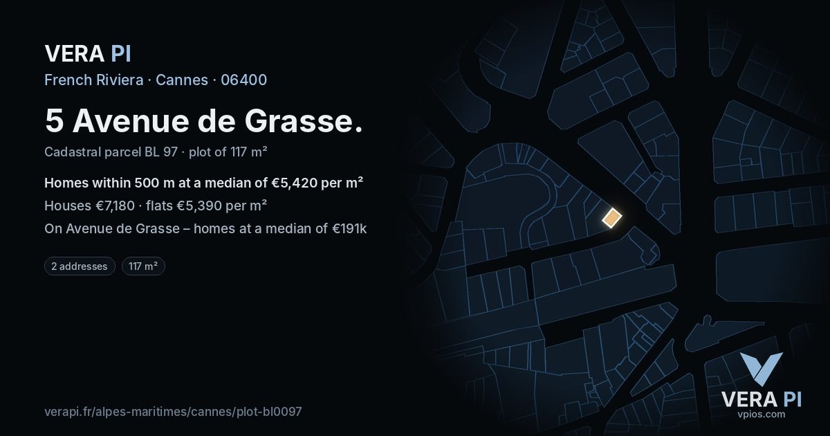 5 Avenue de Grasse, Cannes at night – the plot lit, the parcels around coloured by the prices near them