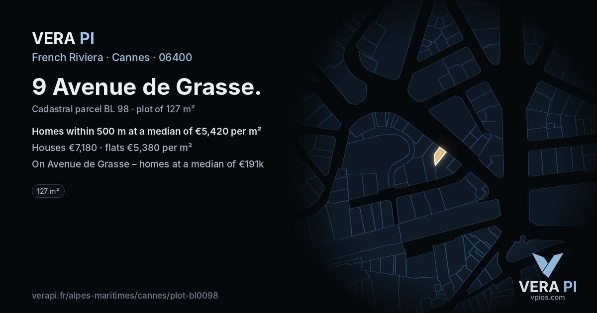 9 Avenue de Grasse, Cannes at night – the plot lit, the parcels around coloured by the prices near them