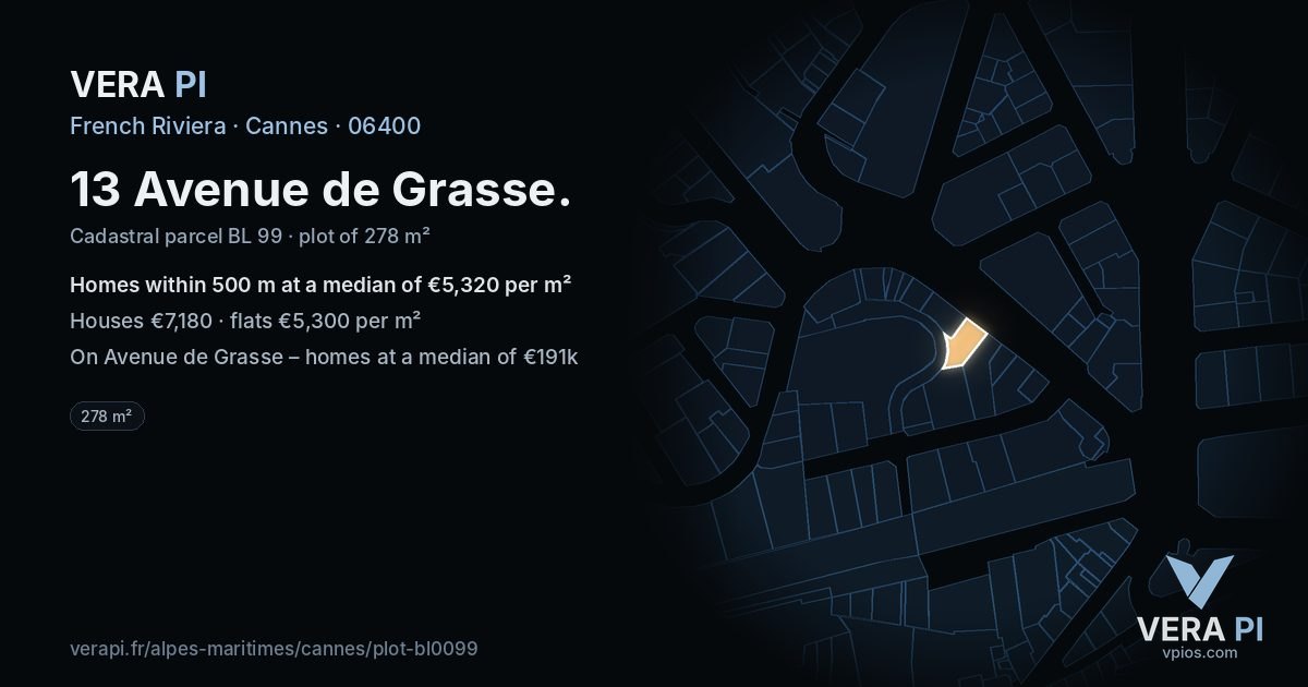 13 Avenue de Grasse, Cannes at night – the plot lit, the parcels around coloured by the prices near them