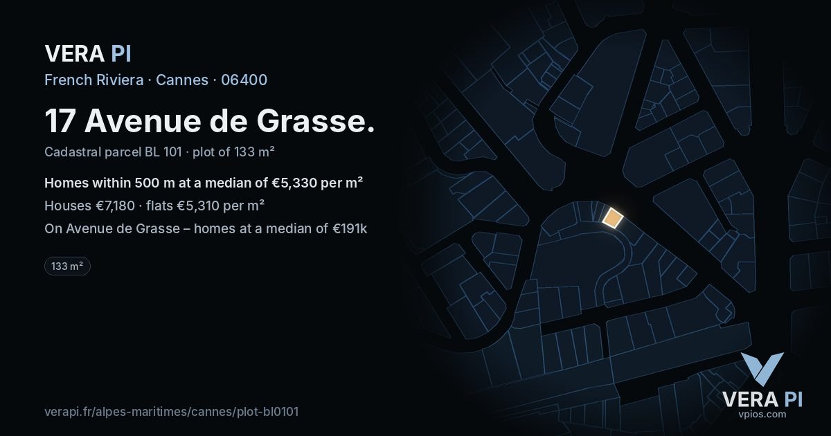 17 Avenue de Grasse, Cannes at night – the plot lit, the parcels around coloured by the prices near them