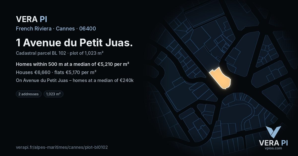 1 Avenue du Petit Juas, Cannes at night – the plot lit, the parcels around coloured by the prices near them