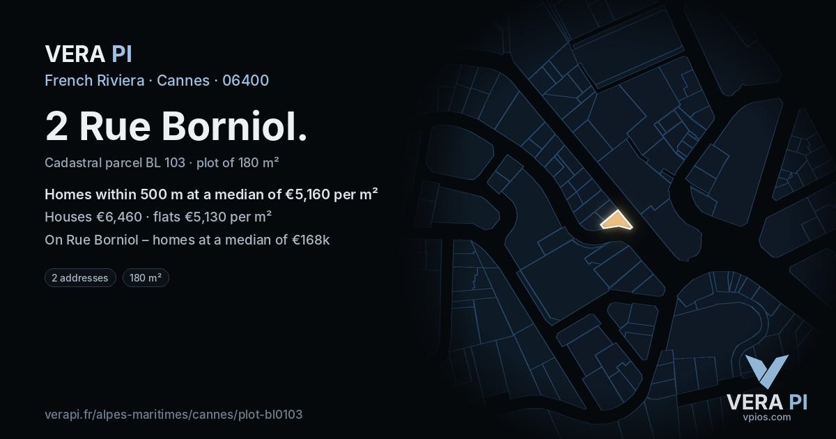 2 Rue Borniol, Cannes at night – the plot lit, the parcels around coloured by the prices near them
