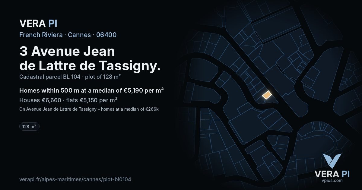 3 Avenue Jean de Lattre de Tassigny, Cannes at night – the plot lit, the parcels around coloured by the prices near them