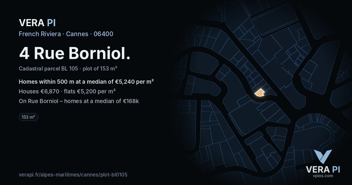4 Rue Borniol, Cannes at night – the plot lit, the parcels around coloured by the prices near them