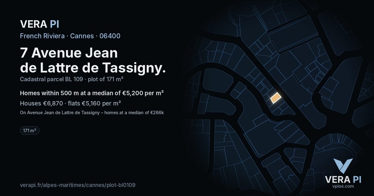 7 Avenue Jean de Lattre de Tassigny, Cannes at night – the plot lit, the parcels around coloured by the prices near them