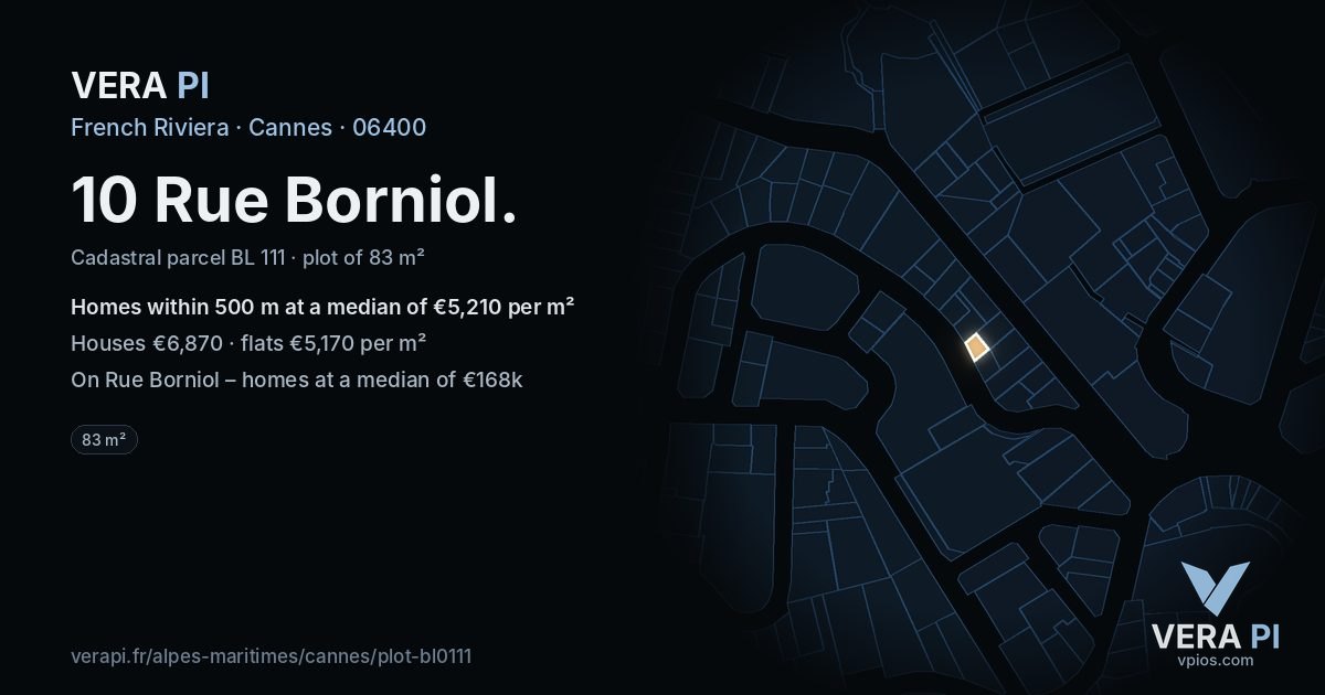 10 Rue Borniol, Cannes at night – the plot lit, the parcels around coloured by the prices near them