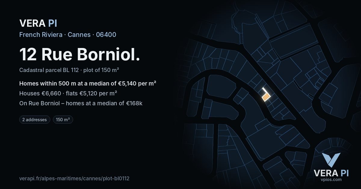 12 Rue Borniol, Cannes at night – the plot lit, the parcels around coloured by the prices near them