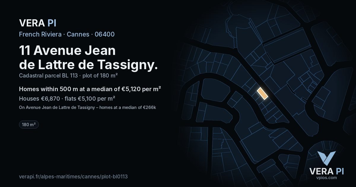 11 Avenue Jean de Lattre de Tassigny, Cannes at night – the plot lit, the parcels around coloured by the prices near them