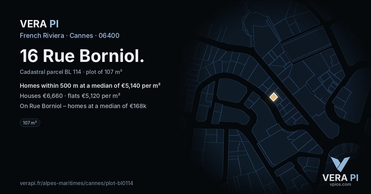 16 Rue Borniol, Cannes at night – the plot lit, the parcels around coloured by the prices near them