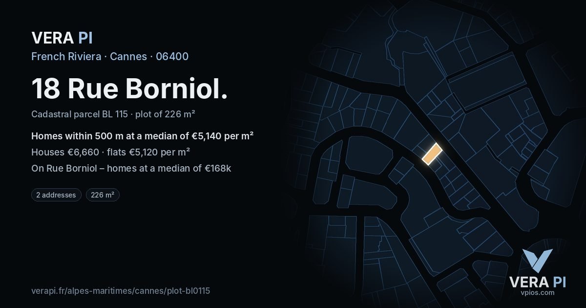 18 Rue Borniol, Cannes at night – the plot lit, the parcels around coloured by the prices near them