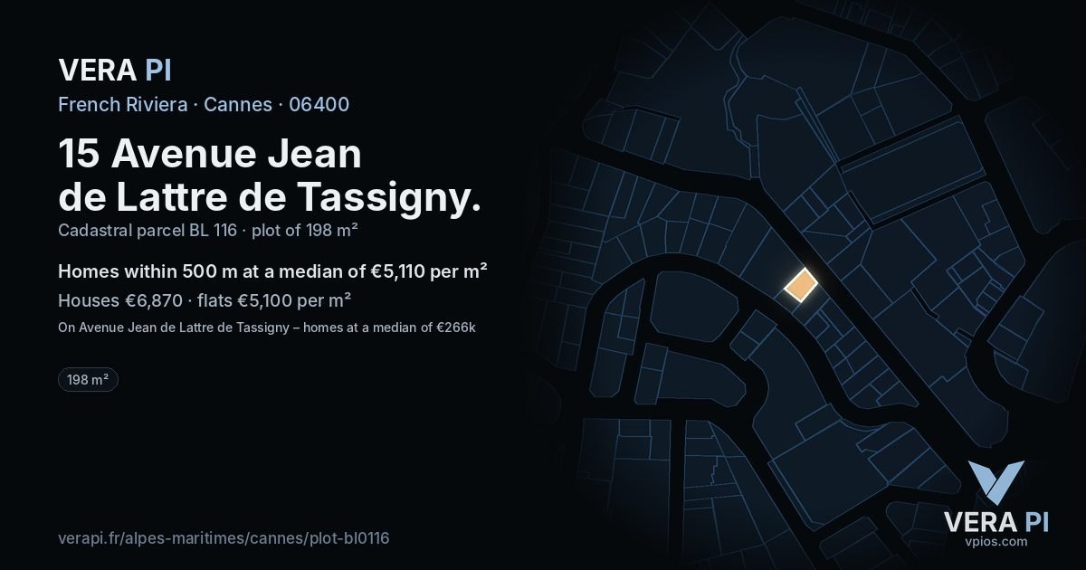 15 Avenue Jean de Lattre de Tassigny, Cannes at night – the plot lit, the parcels around coloured by the prices near them