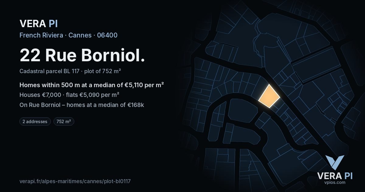 22 Rue Borniol, Cannes at night – the plot lit, the parcels around coloured by the prices near them