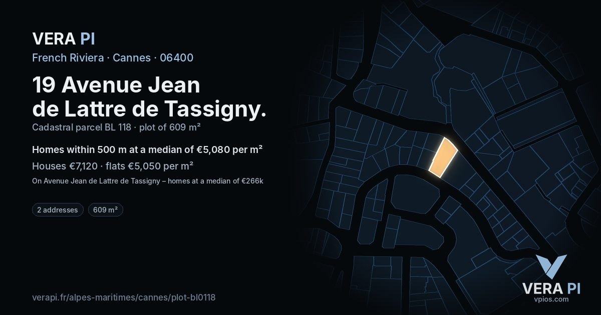 19 Avenue Jean de Lattre de Tassigny, Cannes at night – the plot lit, the parcels around coloured by the prices near them