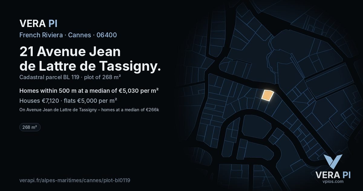 21 Avenue Jean de Lattre de Tassigny, Cannes at night – the plot lit, the parcels around coloured by the prices near them
