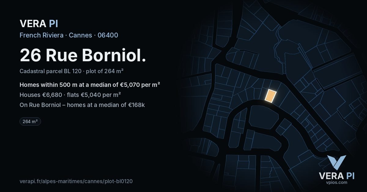 26 Rue Borniol, Cannes at night – the plot lit, the parcels around coloured by the prices near them