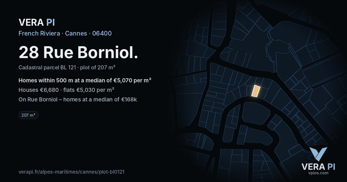 28 Rue Borniol, Cannes at night – the plot lit, the parcels around coloured by the prices near them