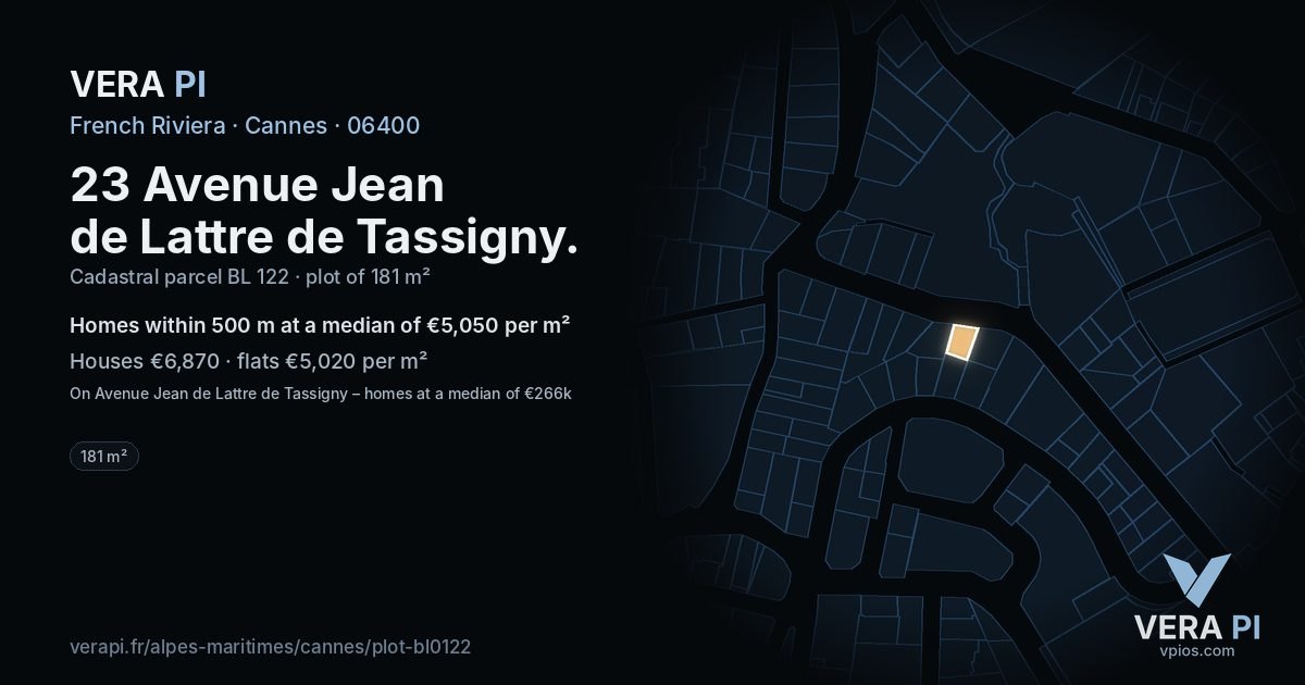 23 Avenue Jean de Lattre de Tassigny, Cannes at night – the plot lit, the parcels around coloured by the prices near them