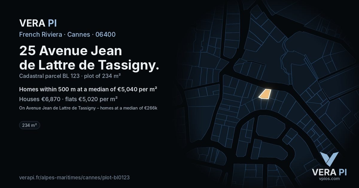 25 Avenue Jean de Lattre de Tassigny, Cannes at night – the plot lit, the parcels around coloured by the prices near them