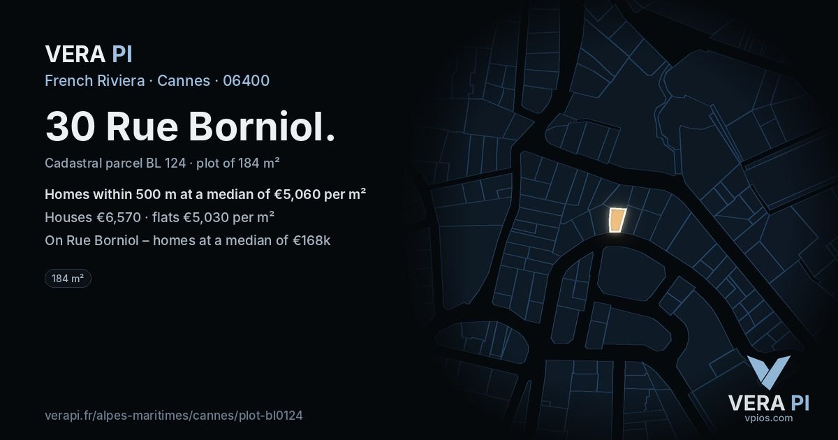 30 Rue Borniol, Cannes at night – the plot lit, the parcels around coloured by the prices near them