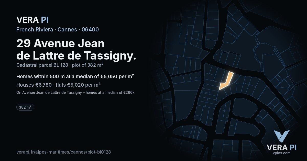 29 Avenue Jean de Lattre de Tassigny, Cannes at night – the plot lit, the parcels around coloured by the prices near them