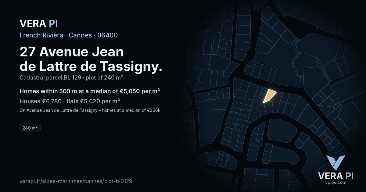 27 Avenue Jean de Lattre de Tassigny, Cannes at night – the plot lit, the parcels around coloured by the prices near them