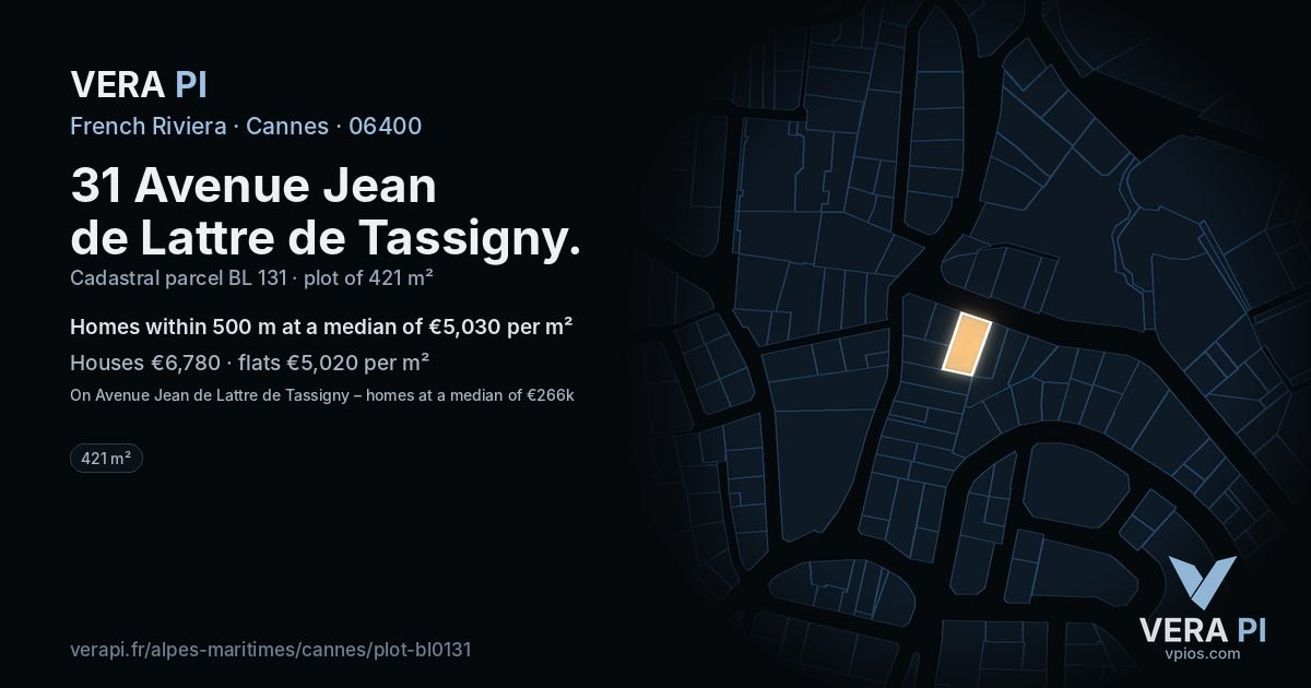 31 Avenue Jean de Lattre de Tassigny, Cannes at night – the plot lit, the parcels around coloured by the prices near them