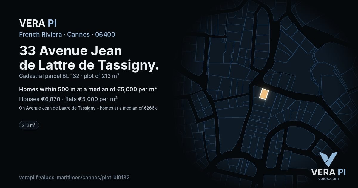33 Avenue Jean de Lattre de Tassigny, Cannes at night – the plot lit, the parcels around coloured by the prices near them