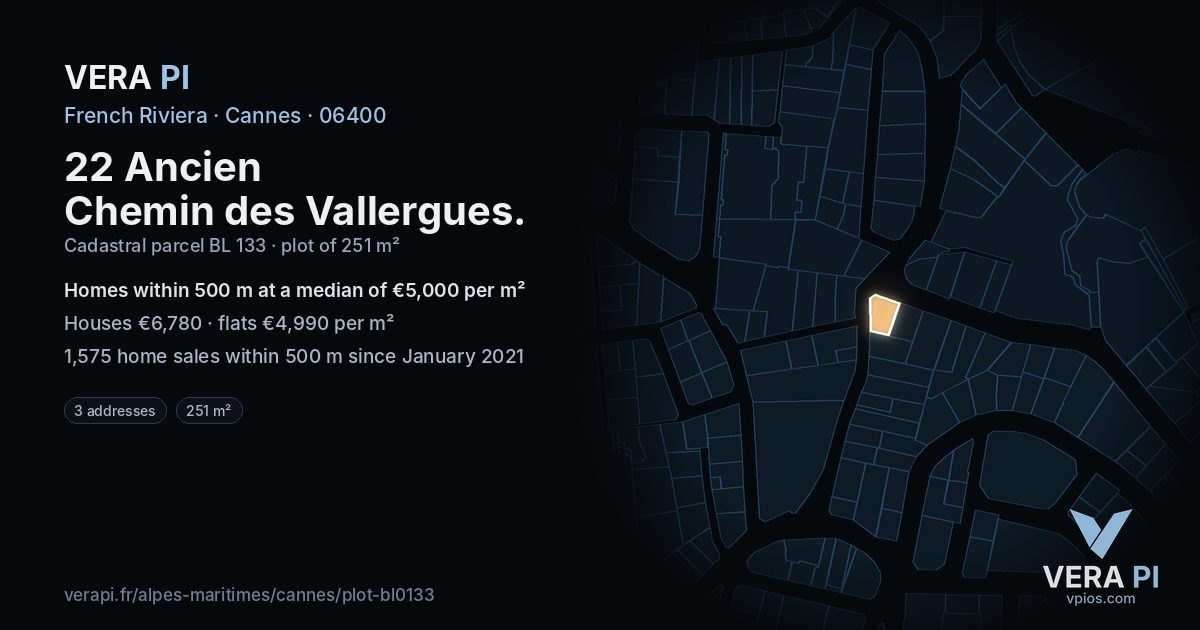 22 Ancien Chemin des Vallergues, Cannes at night – the plot lit, the parcels around coloured by the prices near them